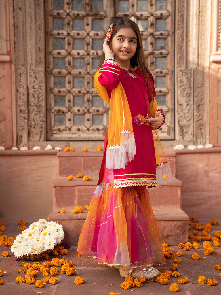 Pspeaches 3-Piece Magenta Color Cotton Kurta & Organza Sharara With Dupatta (SHA25014809)