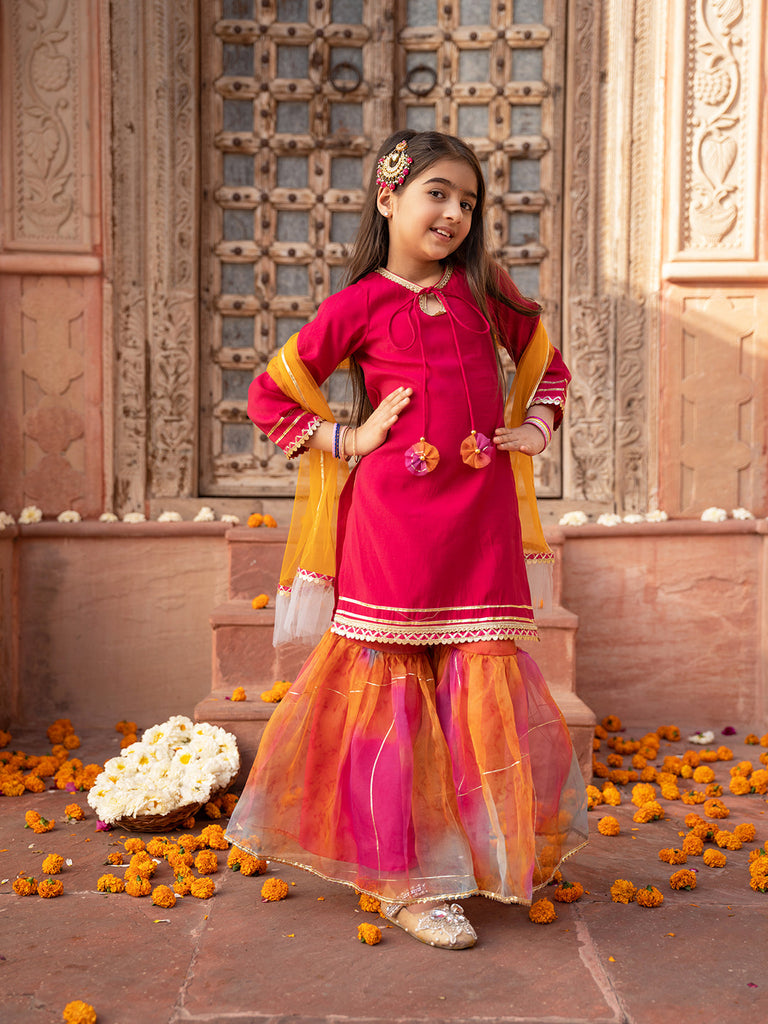 Pspeaches 3-Piece Magenta Color Cotton Kurta & Organza Sharara With Dupatta (SHA25014809)