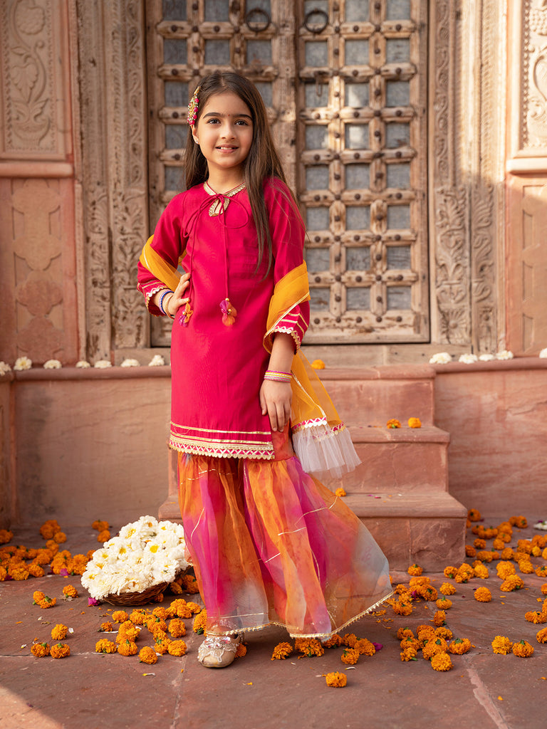 Pspeaches 3-Piece Magenta Color Cotton Kurta & Organza Sharara With Dupatta (SHA25014809)