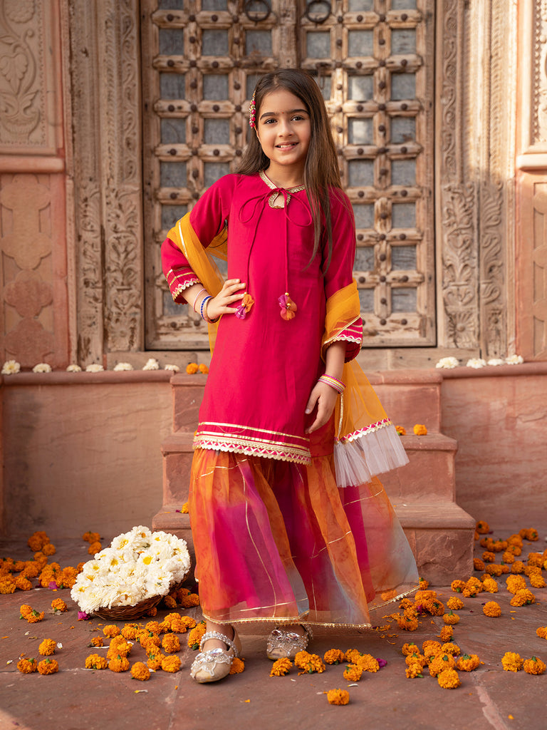 Pspeaches 3-Piece Magenta Color Cotton Kurta & Organza Sharara With Dupatta (SHA25014809)