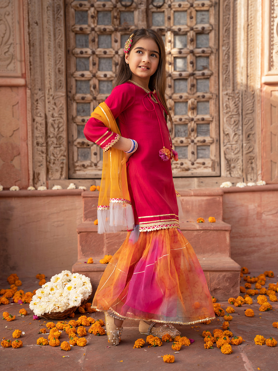 Pspeaches 3-Piece Magenta Color Cotton Kurta & Organza Sharara With Dupatta (SHA25014809)