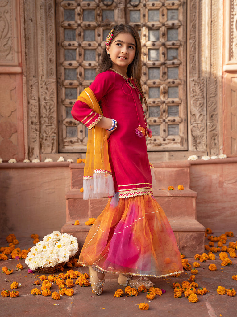 Pspeaches 3-Piece Magenta Color Cotton Kurta & Organza Sharara With Dupatta (SHA25014809)