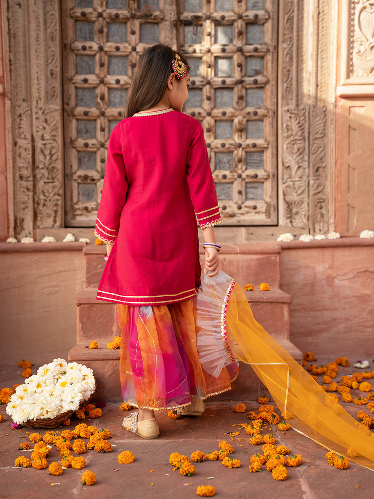 Pspeaches 3-Piece Magenta Color Cotton Kurta & Organza Sharara With Dupatta (SHA25014809)