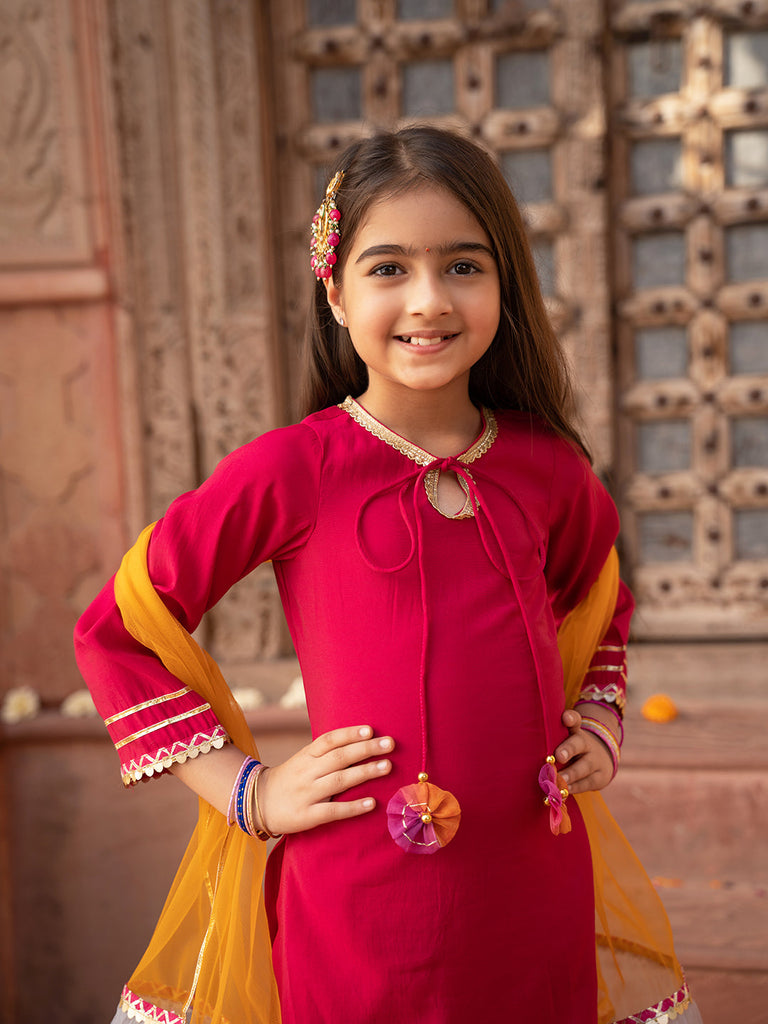 Pspeaches 3-Piece Magenta Color Cotton Kurta & Organza Sharara With Dupatta (SHA25014809)