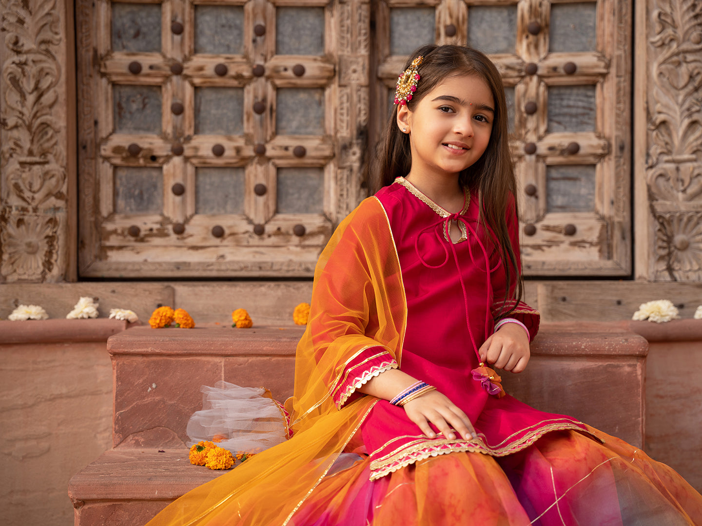 Pspeaches 3-Piece Magenta Color Cotton Kurta & Organza Sharara With Dupatta (SHA25014809)