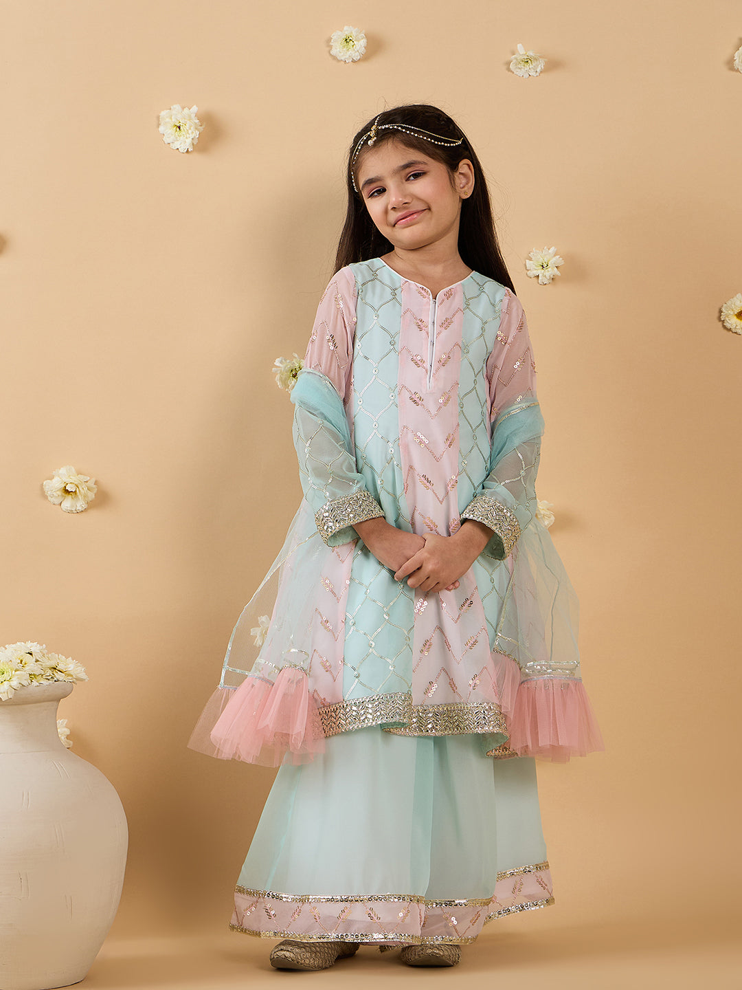 Blue & Pink Georgette Sharara Set With Dupatta (Sha25015212)