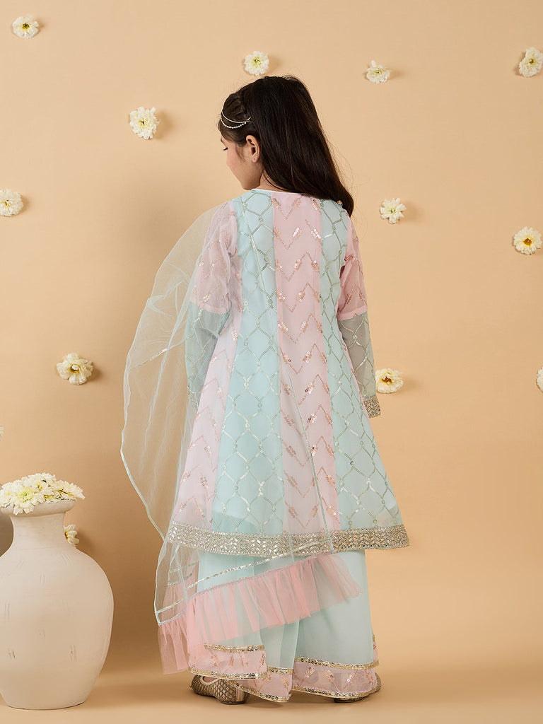 Blue & Pink Georgette Sharara Set With Dupatta (Sha25015212)
