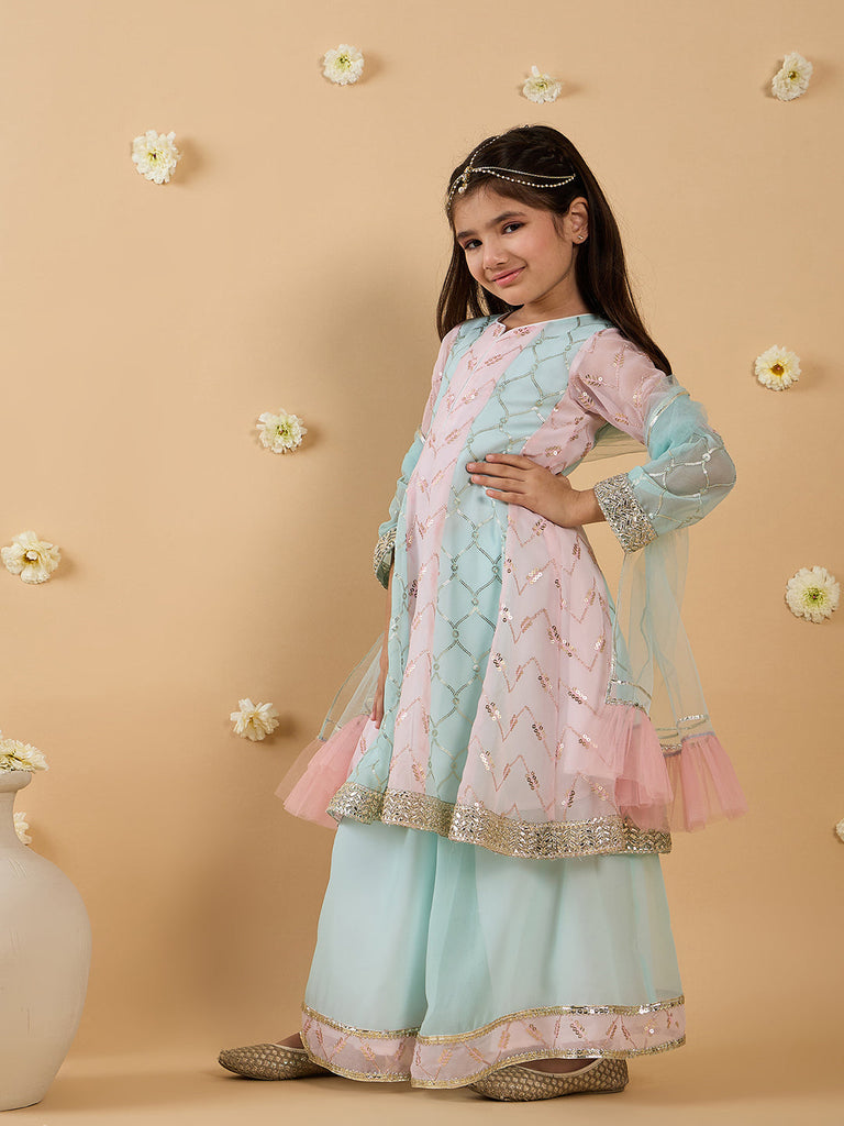 Blue & Pink Georgette Sharara Set With Dupatta (Sha25015212)