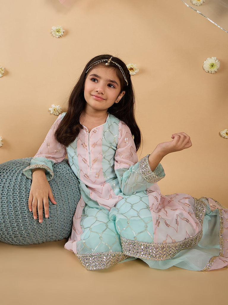 Blue & Pink Georgette Sharara Set With Dupatta (Sha25015212)