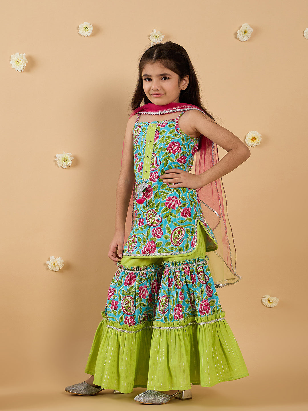 Green Cotton Sharara Set With Dupatta (Sha25016113)