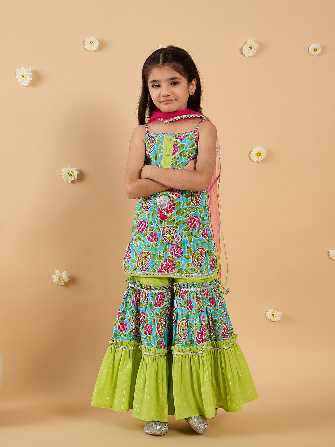 Green Cotton Sharara Set With Dupatta (Sha25016113)