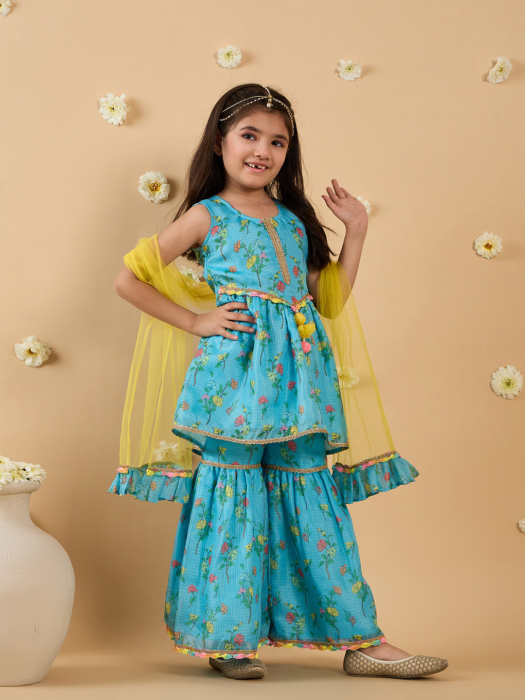 3-Piece Blue Sharara Set With Dupatta (Sha25017319)