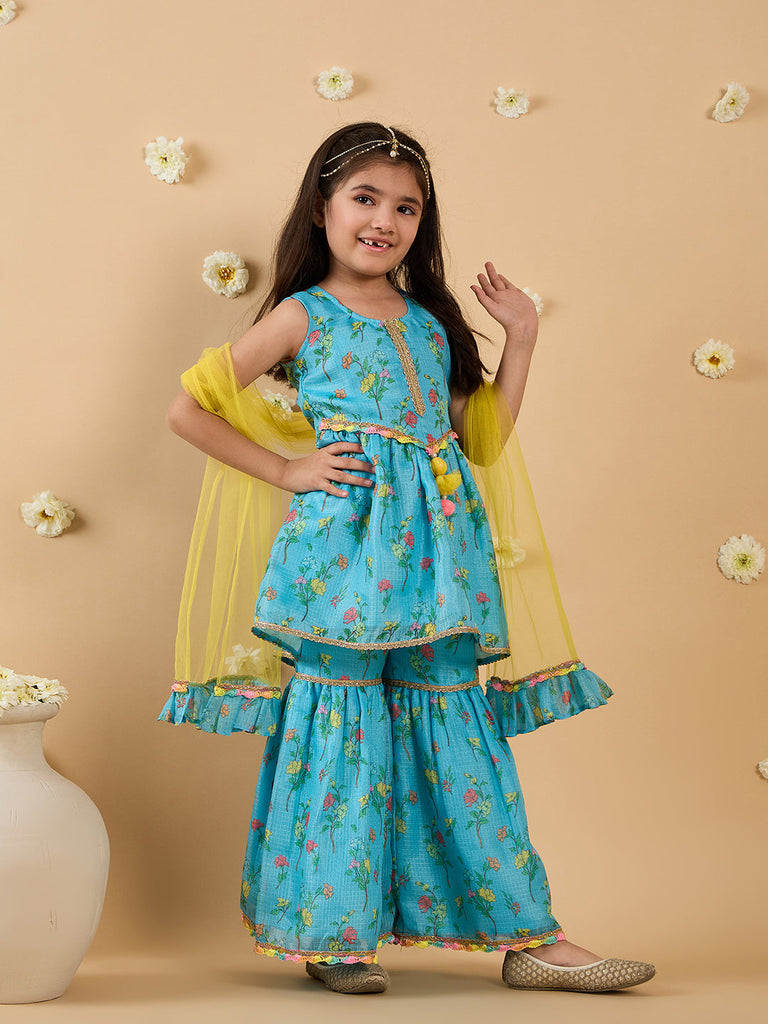 3-Piece Blue Sharara Set With Dupatta (Sha25017319)