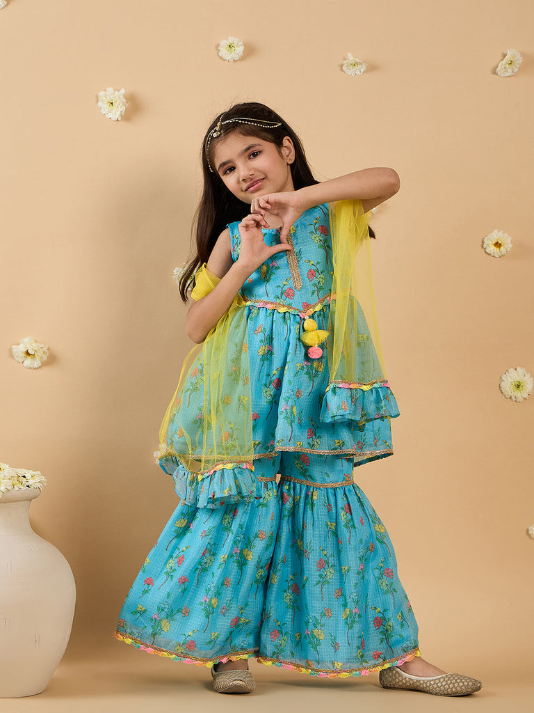 3-Piece Blue Sharara Set With Dupatta (Sha25017319)