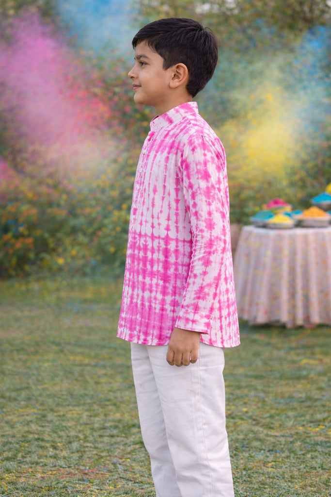 Pspeaches Boys White Ethnic shibori Straight Fit Cotton Kurta Shirt ( Sku-Shkp-Puleshibori )