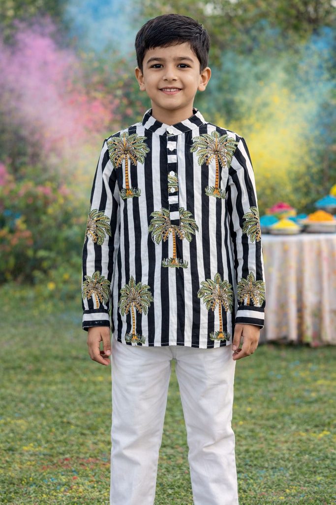 Pspeaches Boys White Ethnic Stripe Straight Fit Cotton Kurta Shirt ( Sku-Shkp-Blackpalm )
