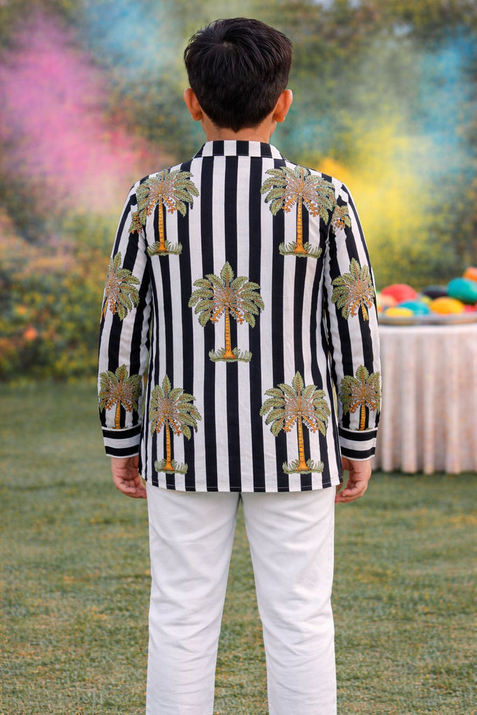 Pspeaches Boys White Ethnic Stripe Straight Fit Cotton Kurta Shirt ( Sku-Shkp-Blackpalm )
