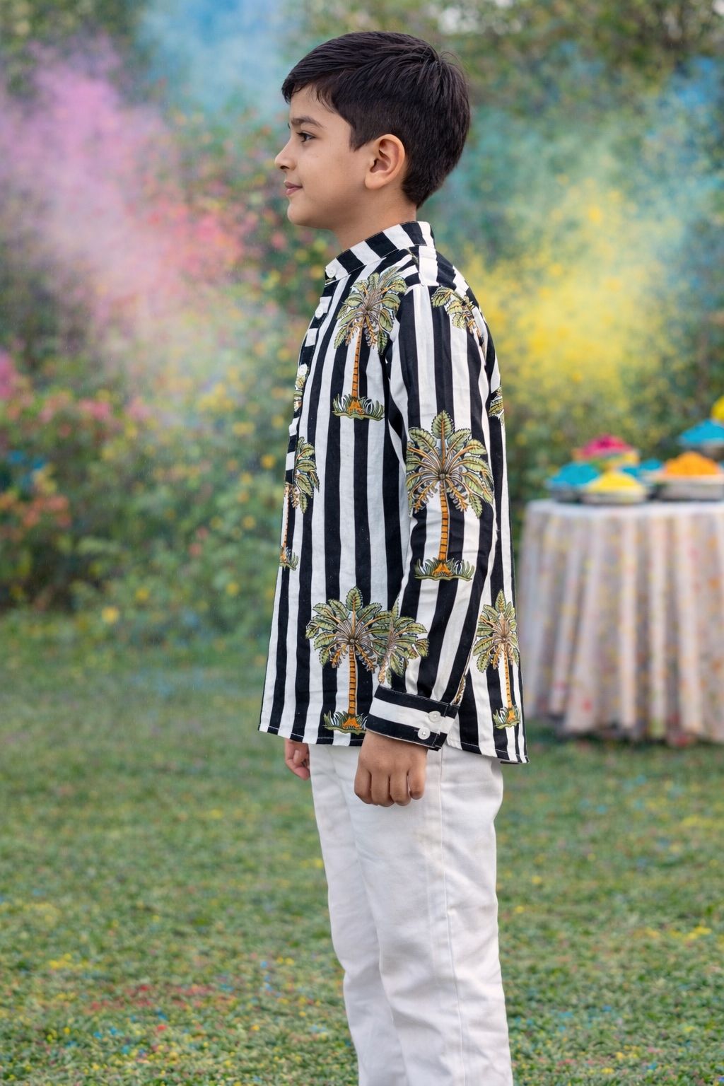 Pspeaches Boys White Ethnic Stripe Straight Fit Cotton Kurta Shirt ( Sku-Shkp-Blackpalm )
