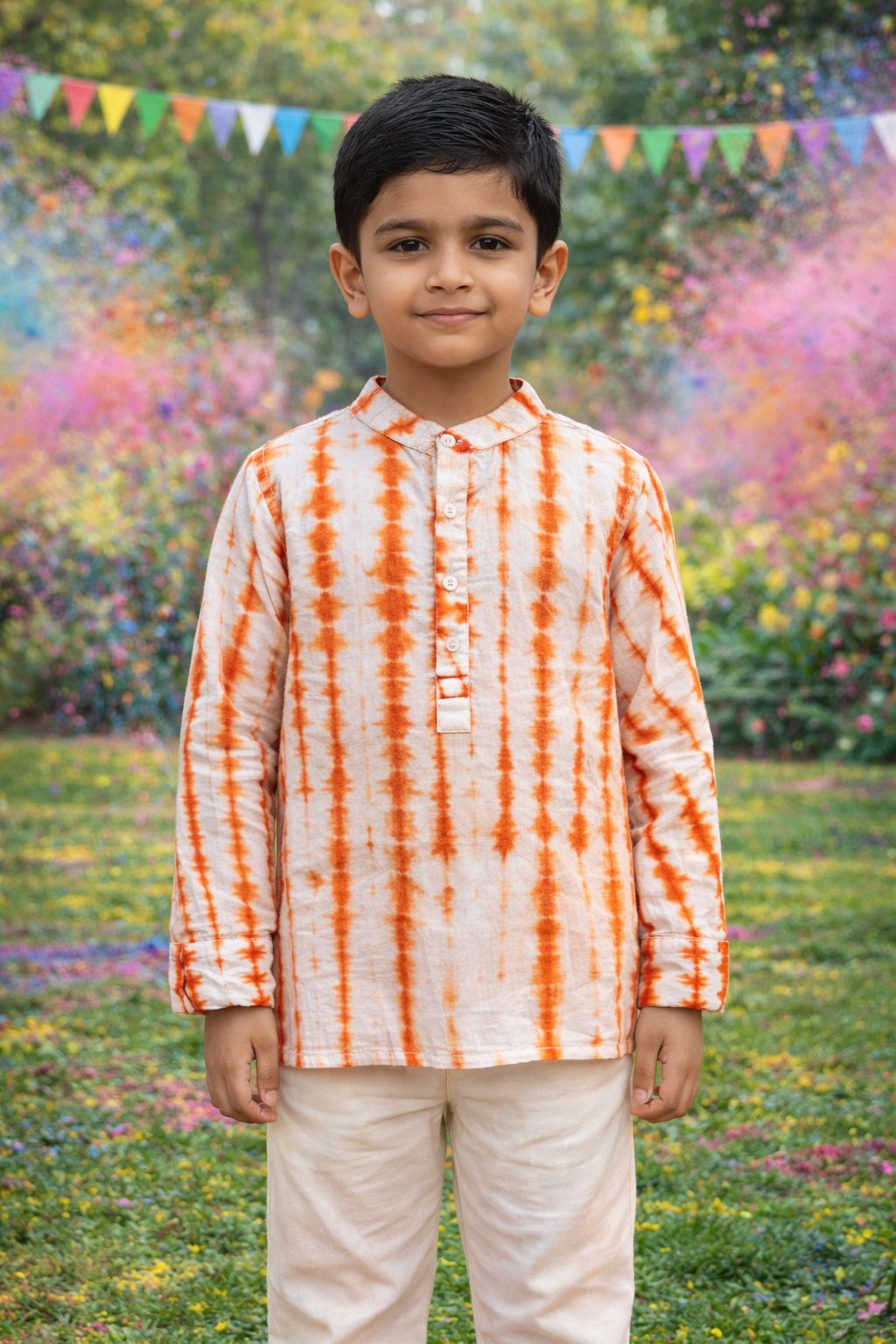 Pspeaches Boys White Ethnic shibori Straight Fit Cotton Kurta Shirt ( Sku-Shkp-Orangeshibori )