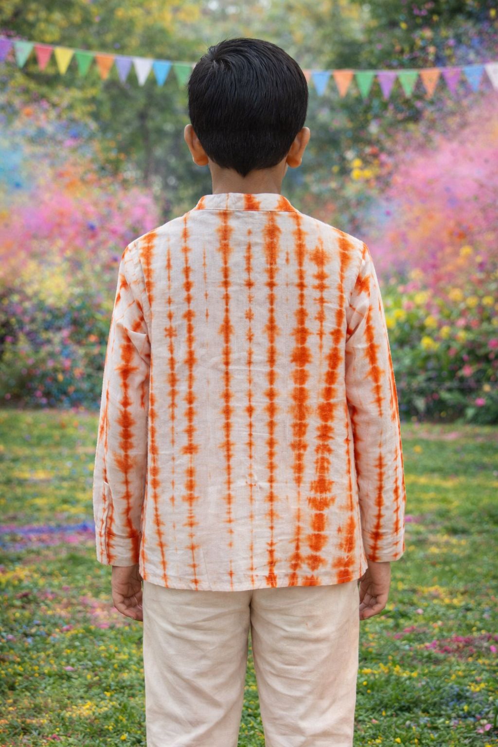 Pspeaches Boys White Ethnic shibori Straight Fit Cotton Kurta Shirt ( Sku-Shkp-Orangeshibori )
