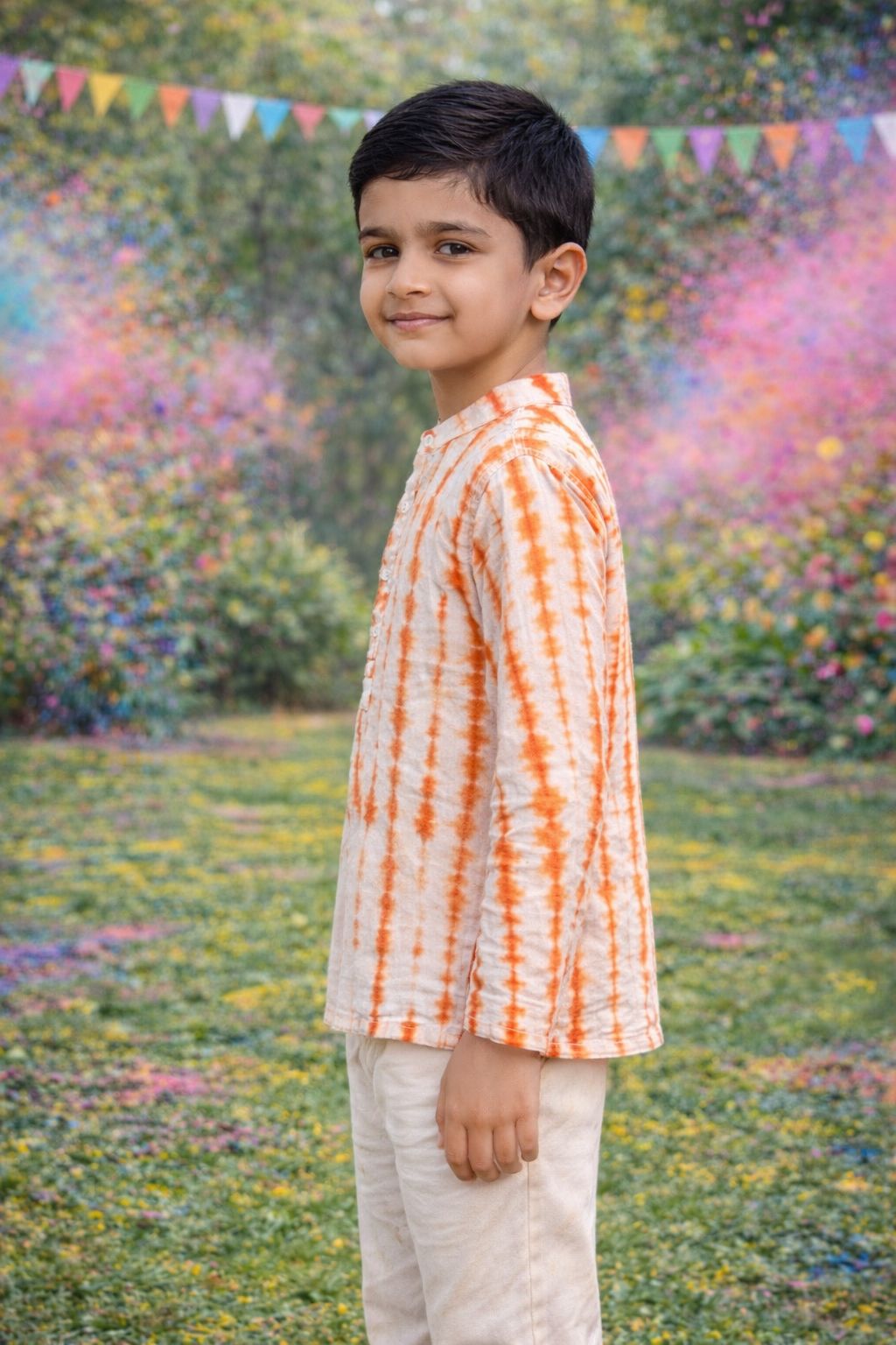 Pspeaches Boys White Ethnic shibori Straight Fit Cotton Kurta Shirt ( Sku-Shkp-Orangeshibori )