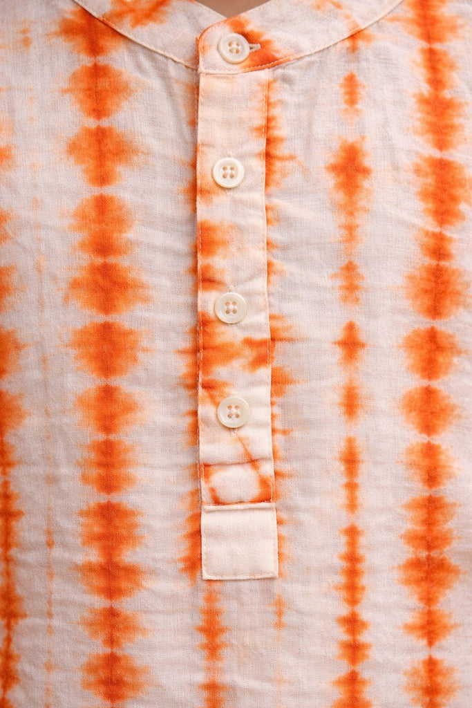Pspeaches Boys White Ethnic shibori Straight Fit Cotton Kurta Shirt ( Sku-Shkp-Orangeshibori )