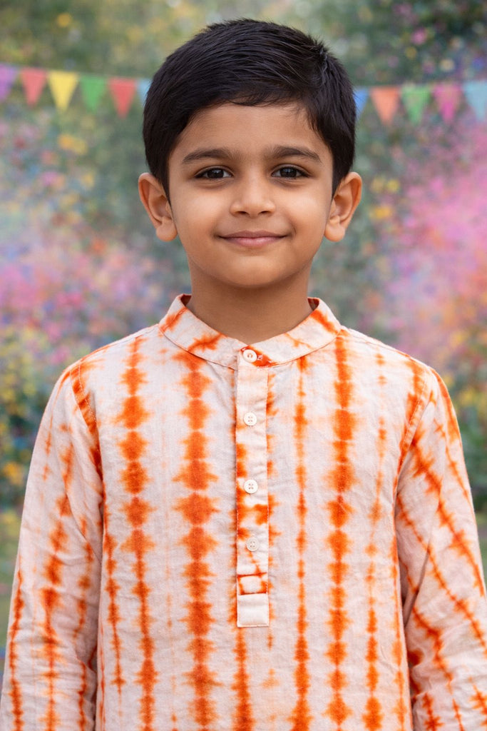 Pspeaches Boys White Ethnic shibori Straight Fit Cotton Kurta Shirt ( Sku-Shkp-Orangeshibori )