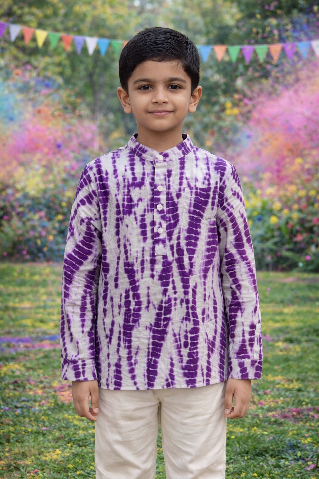 Pspeaches Boys White Ethnic shibori Straight Fit Cotton Kurta Shirt ( Sku-Shkp-Purple2 )