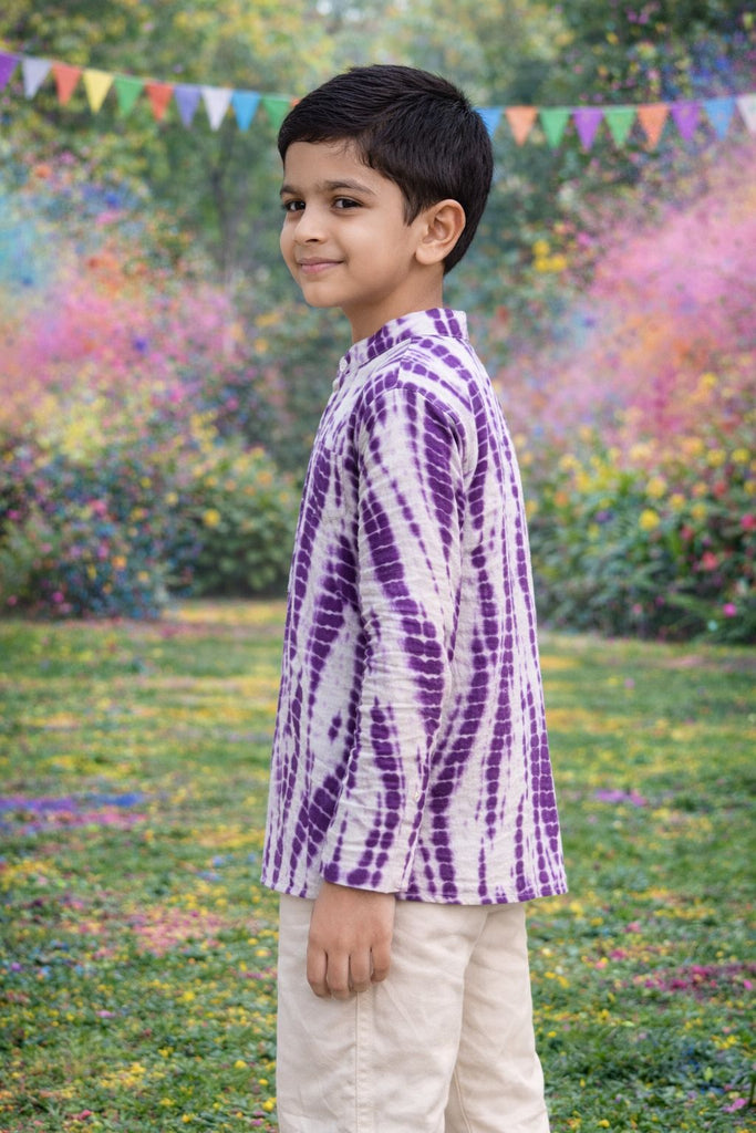 Pspeaches Boys White Ethnic shibori Straight Fit Cotton Kurta Shirt ( Sku-Shkp-Purple2 )