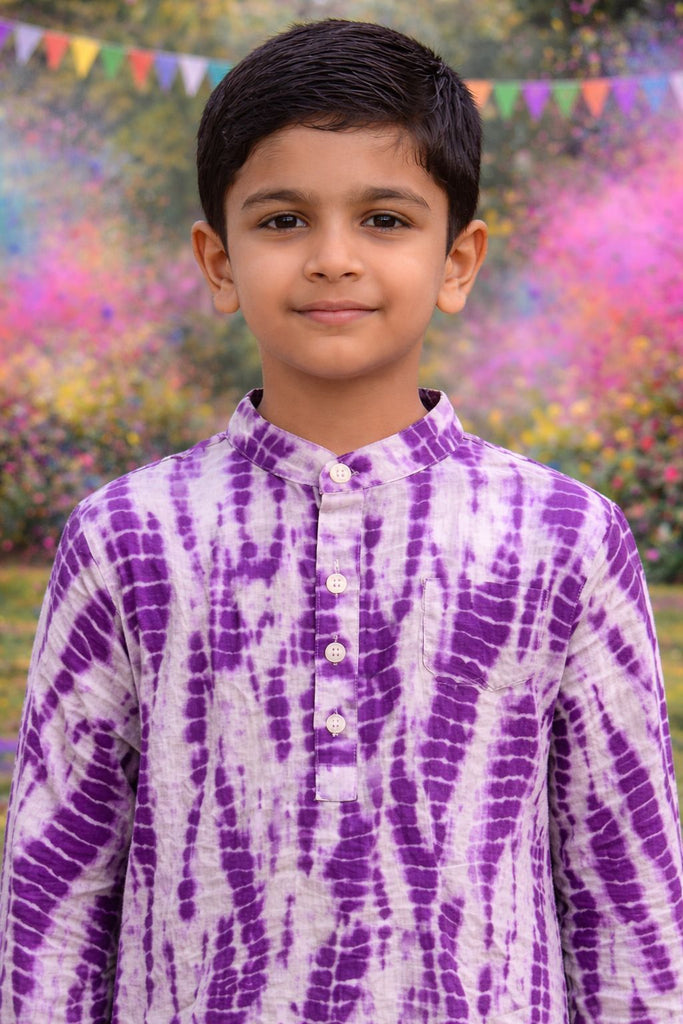 Pspeaches Boys White Ethnic shibori Straight Fit Cotton Kurta Shirt ( Sku-Shkp-Purple2 )