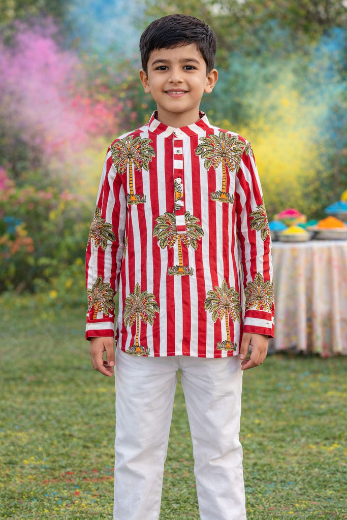 Pspeaches Boys White Ethnic Stripe Straight Fit Cotton Kurta ( Sku-Shkp-Redpalm )