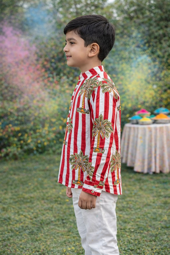 Pspeaches Boys White Ethnic Stripe Straight Fit Cotton Kurta ( Sku-Shkp-Redpalm )