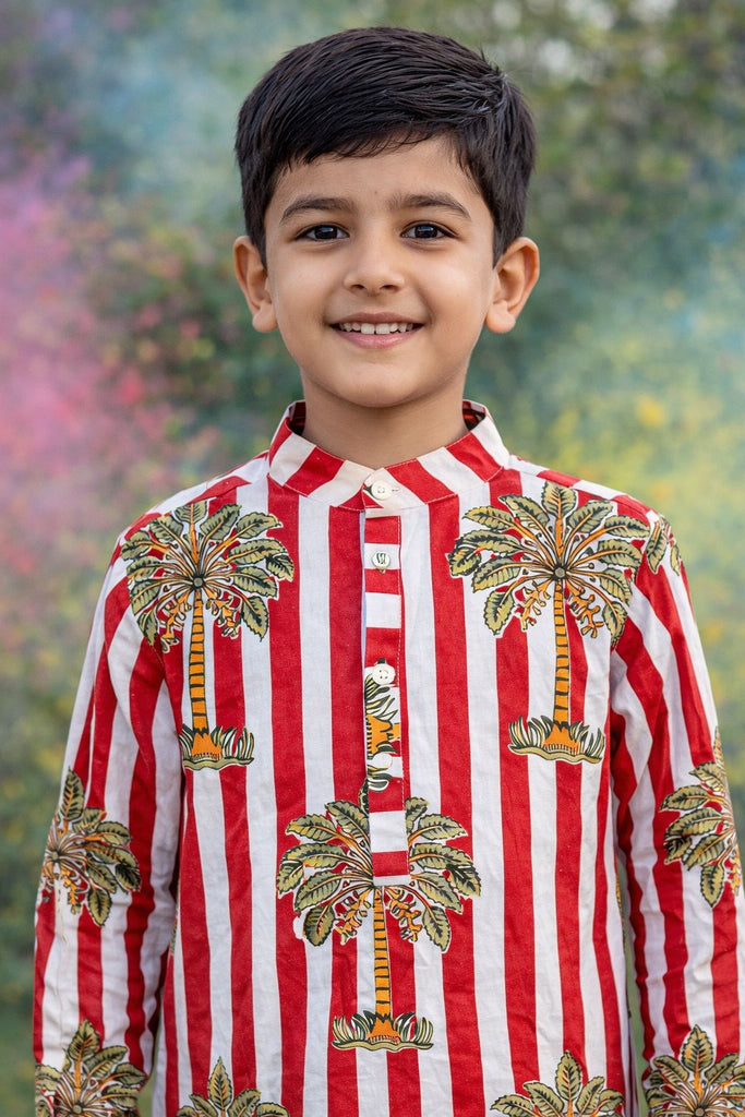 Pspeaches Boys White Ethnic Stripe Straight Fit Cotton Kurta ( Sku-Shkp-Redpalm )