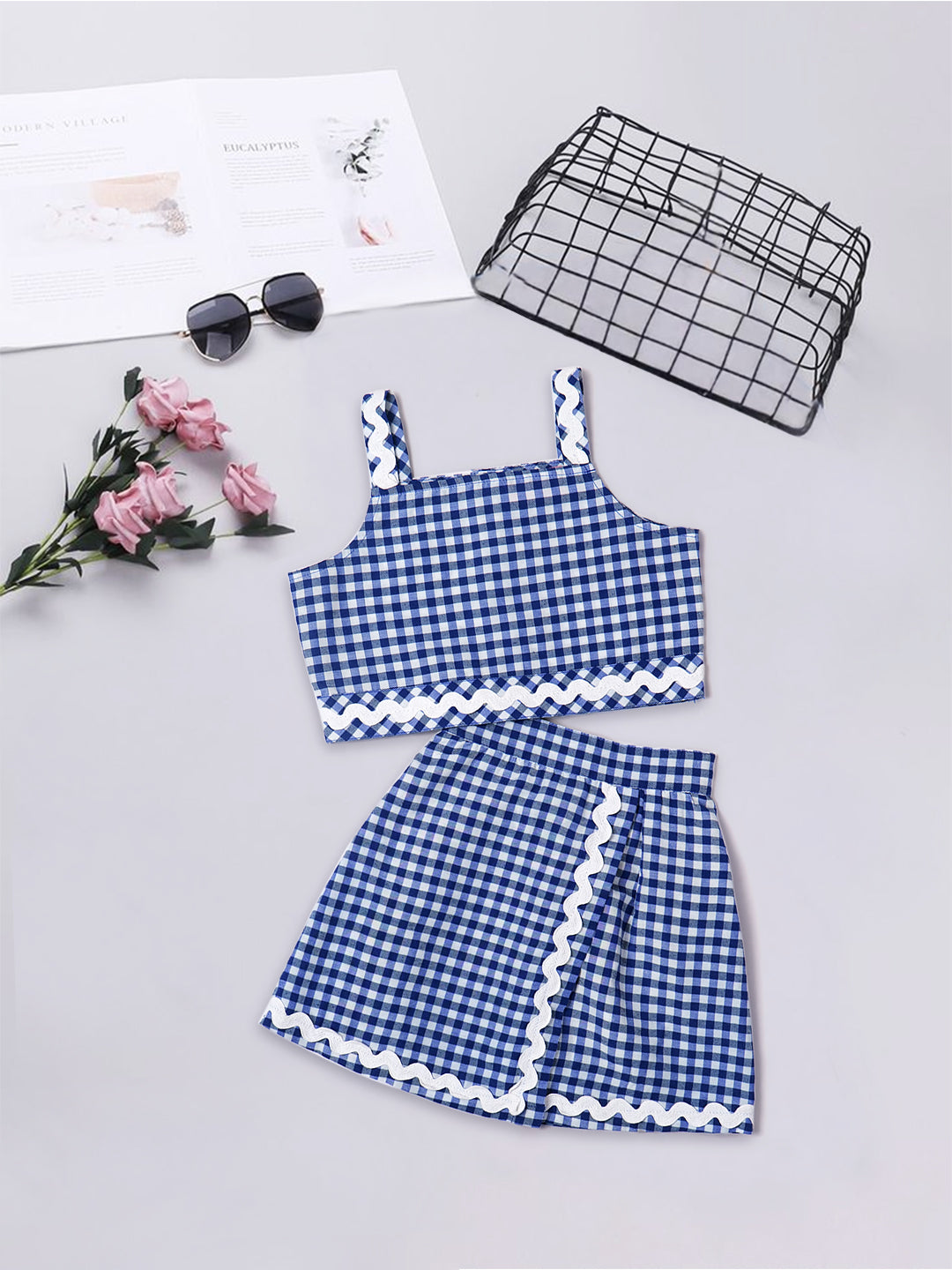 2-Piece Blue Cotton Top & Skirt Set (SK25008807)