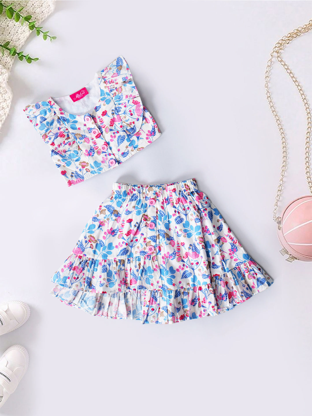 Multicolor Printed Cotton Top And Skirt Set (Sk25017811)
