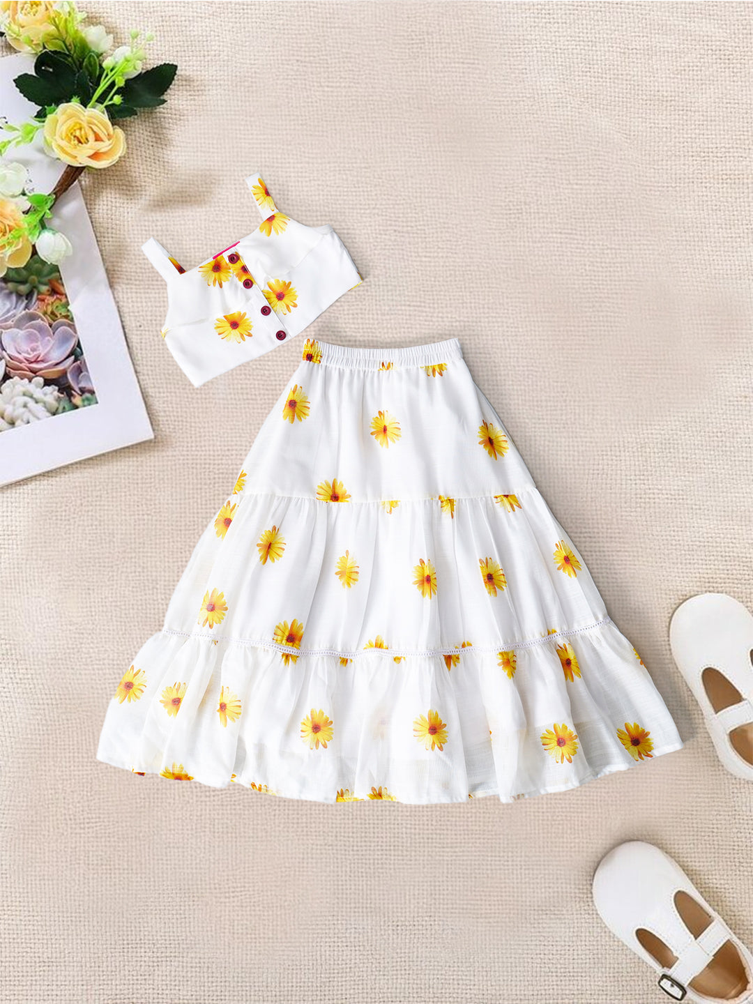 White Top And Skirt Set With Yellow Floral Print (Sk25018012)