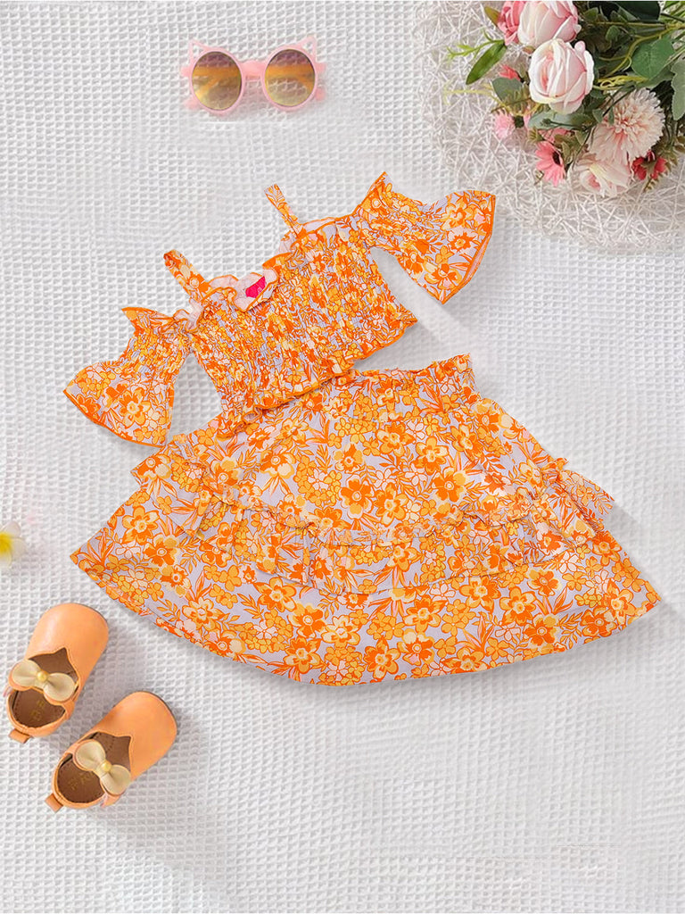 Pspeaches 2-Piece Orange Color Rayon Top & Skirt Set (SK25020013)