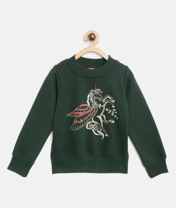 Pspeaches Girls Green Unicorn Printed Sweatshirt (SW-GREEN UNICORN)