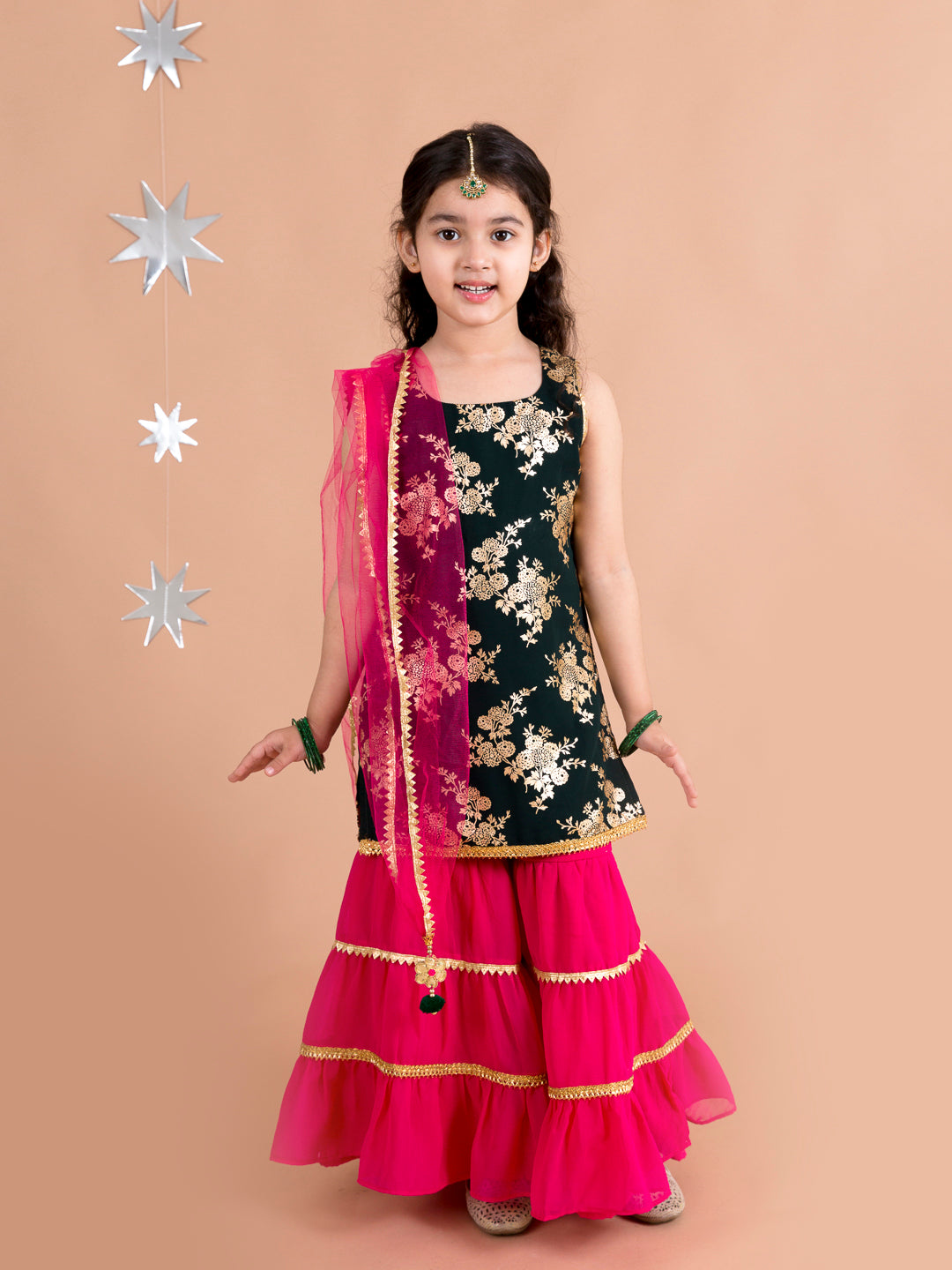 Girls Floral Printed Panelled Kurti with Skirt & With Dupatta (sha-Bottlegreenfoil)