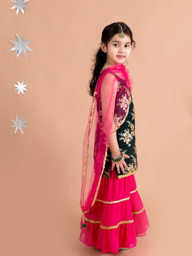 Girls Floral Printed Panelled Kurti with Skirt & With Dupatta (sha-Bottlegreenfoil)