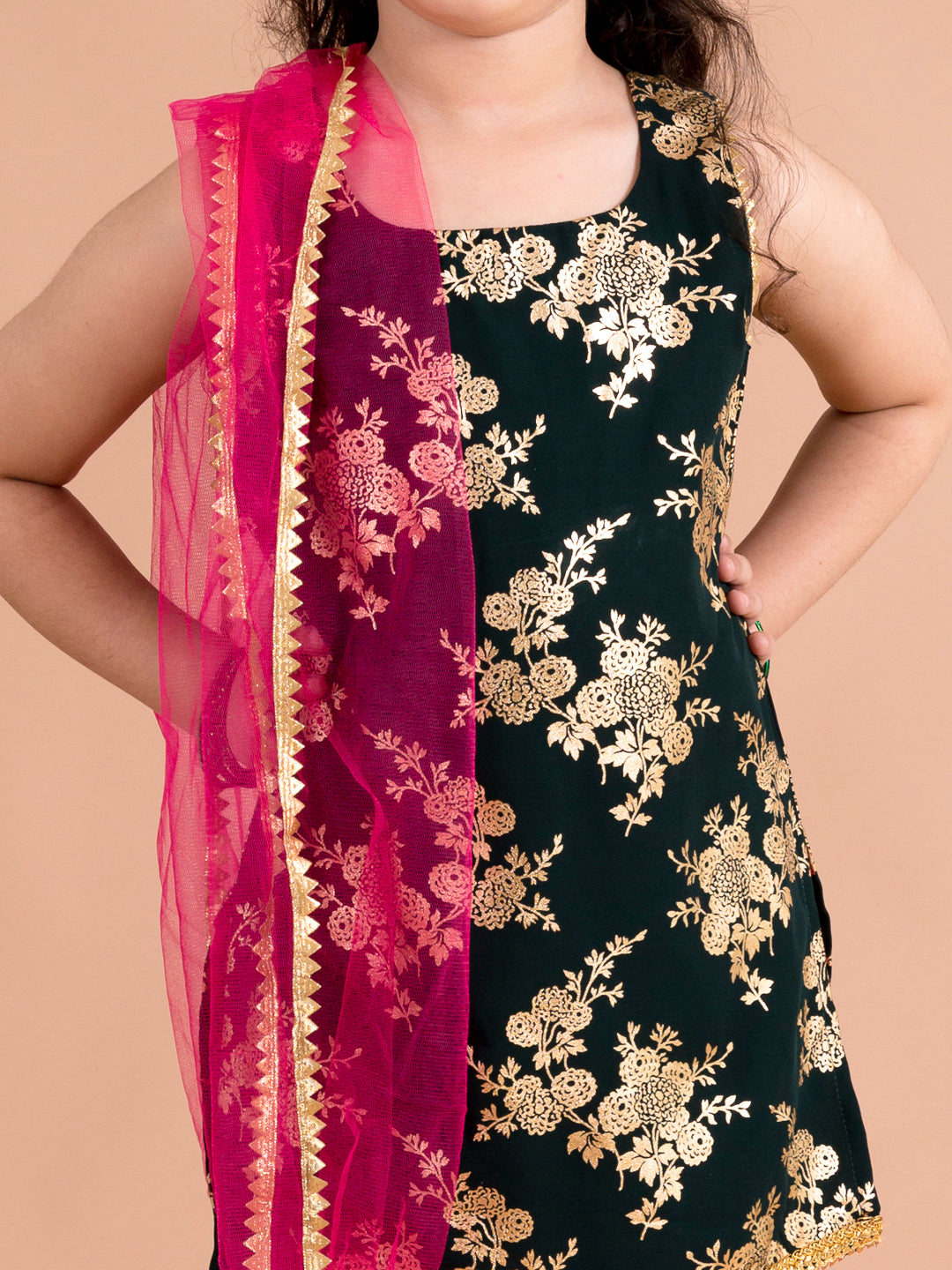 Girls Floral Printed Panelled Kurti with Skirt & With Dupatta (sha-Bottlegreenfoil)