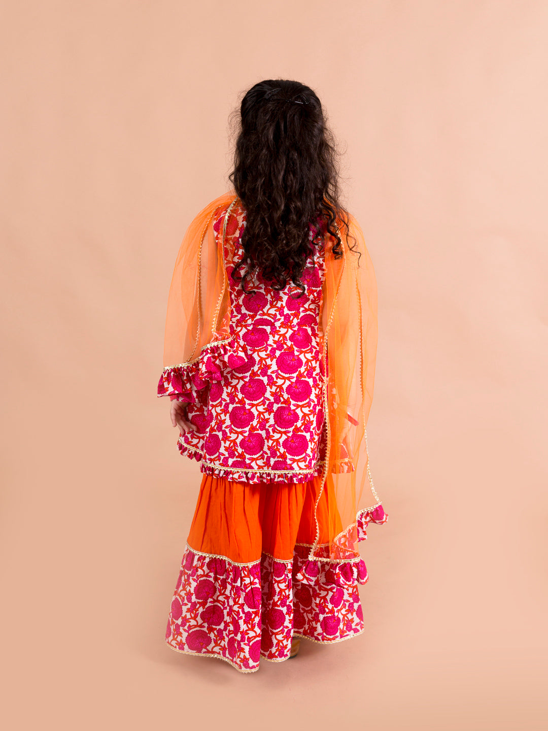 Girls Magenta & Orange Printed Angrakha Cotton Kurta Set (Sha-Jaalmagenta)