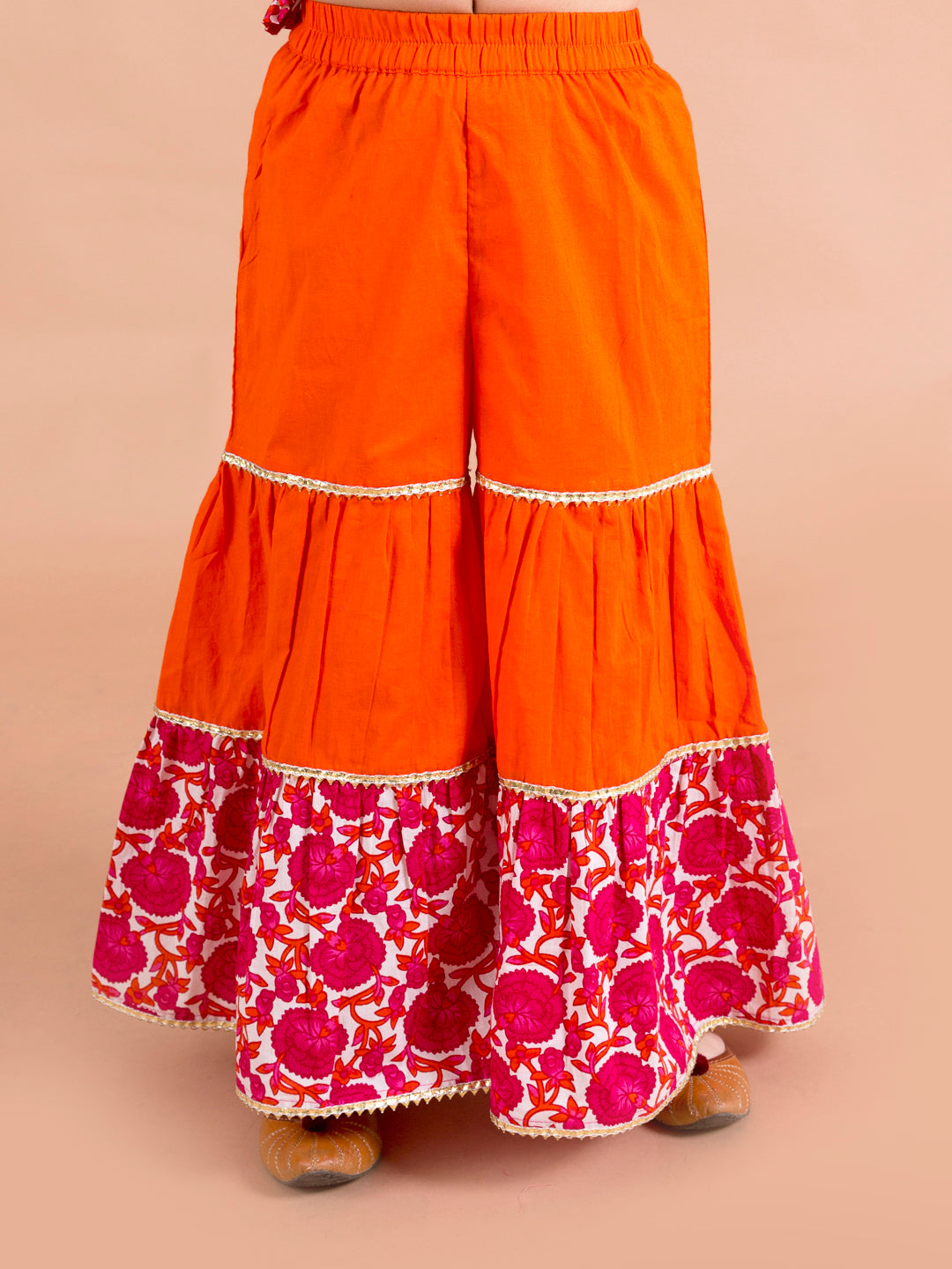Girls Magenta & Orange Printed Angrakha Cotton Kurta Set (Sha-Jaalmagenta)