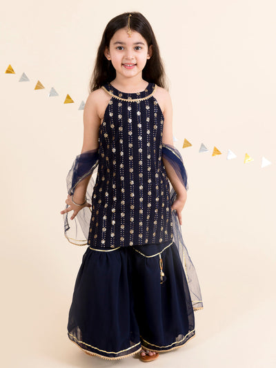 Pspeaches Girls Floral Embroidered Layered Kurta with Sharara & With Dupatta (SHA-NAVY BLUE SEQ)