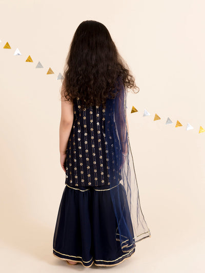 Pspeaches Girls Floral Embroidered Layered Kurta with Sharara & With Dupatta (SHA-NAVY BLUE SEQ)
