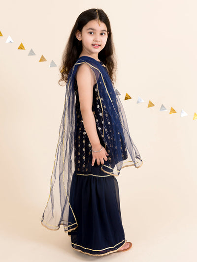 Pspeaches Girls Floral Embroidered Layered Kurta with Sharara & With Dupatta (SHA-NAVY BLUE SEQ)