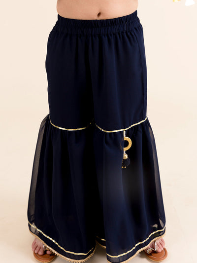 Pspeaches Girls Floral Embroidered Layered Kurta with Sharara & With Dupatta (SHA-NAVY BLUE SEQ)