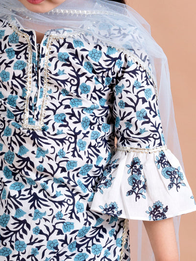 Girls Blue Floral Printed Gotta Patti Pure Cotton Kurti With Sharara & Dupatta (Sha-bluejaal)