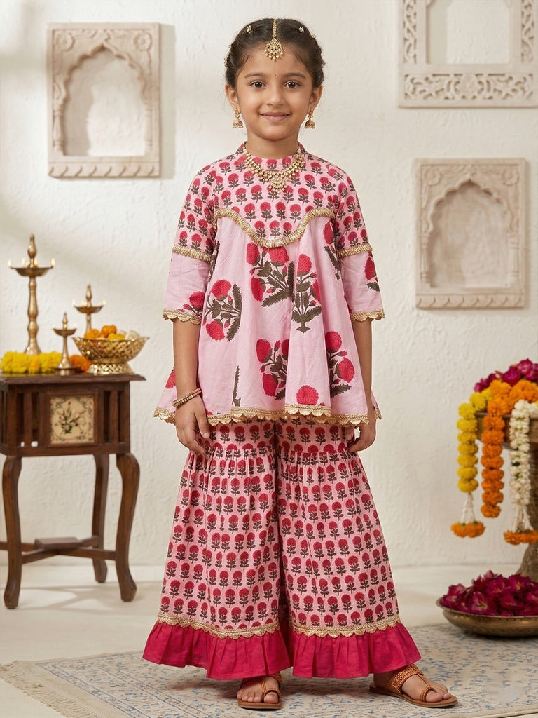 Pspeaches Girls Pink Ethnic Floral Print Cotton A-Line Kurti With Sharara (Sku-Sha-Pinkmtbooti)