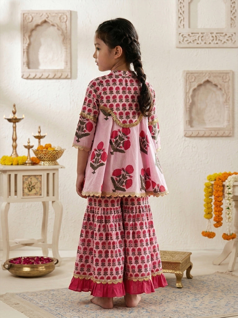 Pspeaches Girls Pink Ethnic Floral Print Cotton A-Line Kurti With Sharara (Sku-Sha-Pinkmtbooti)